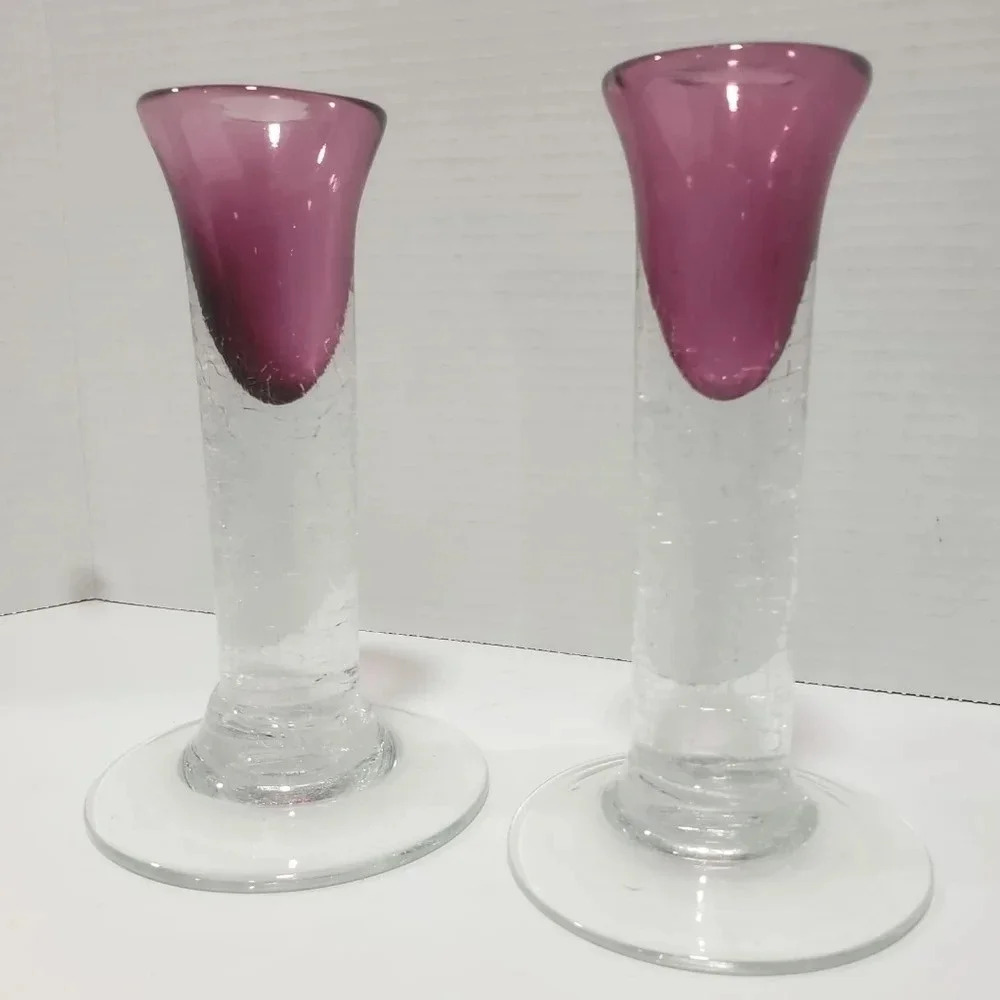 Vintage Set of 2 Crackle Cranberry  Art Glass Candle Holders,Signed S.Bisley.